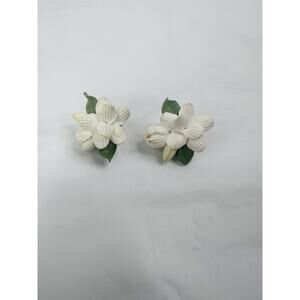 Vintage Pink Porcelain Gardenia Flower Clip On Earrings Cottage Classic